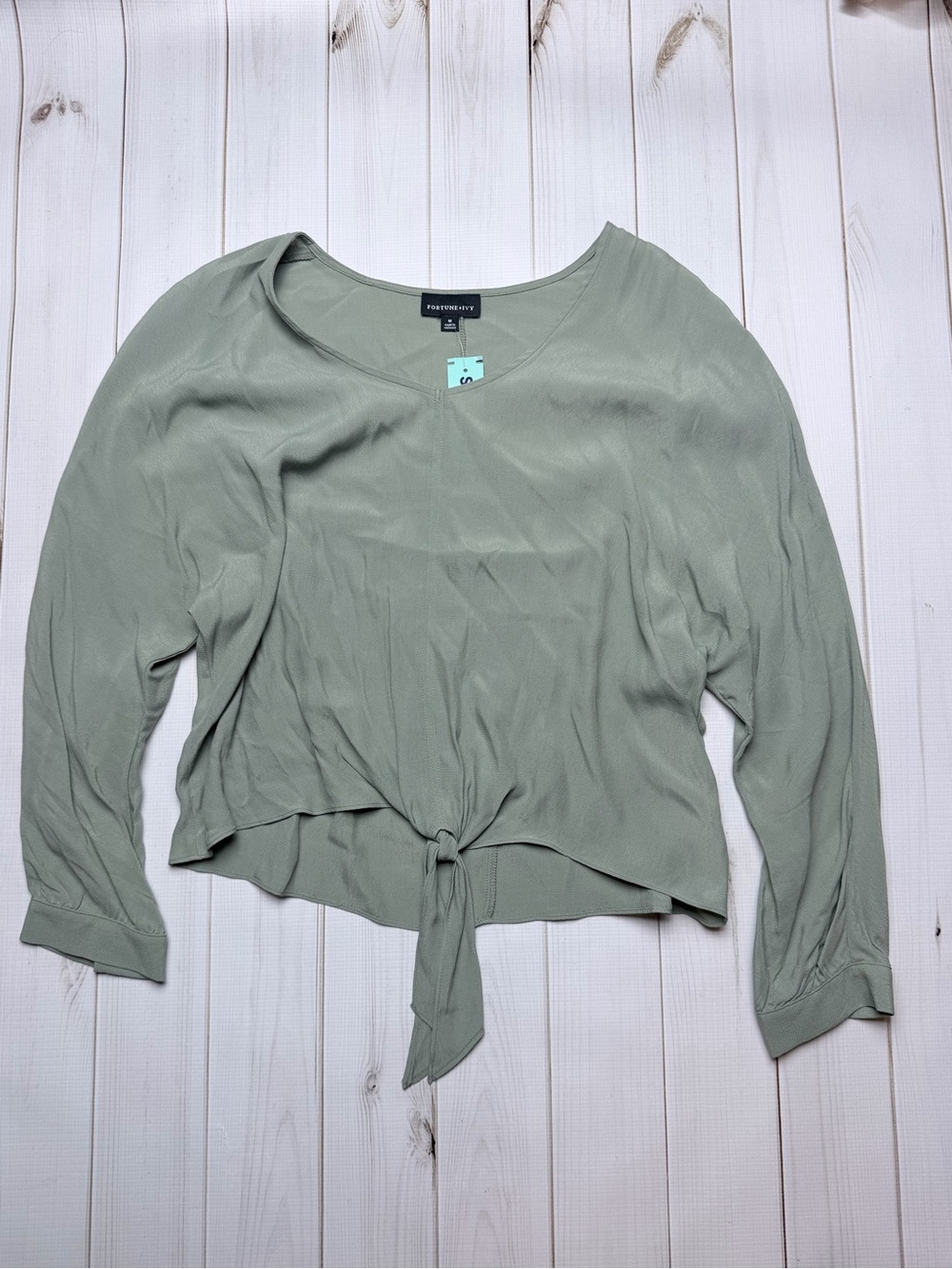 Fortune + Ivy Sage Tie-Front Long Sleeve Top